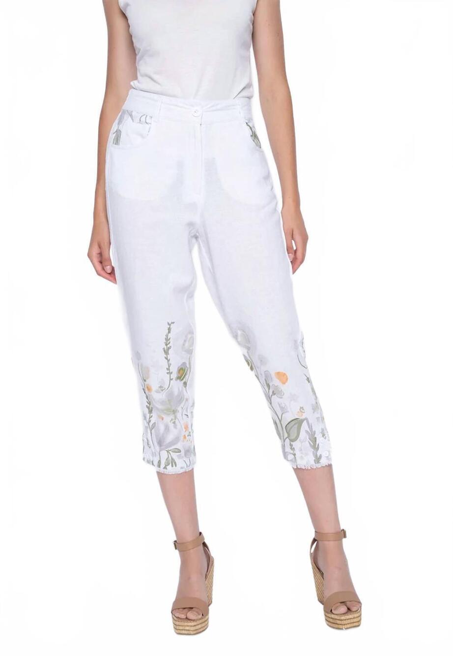 NEW PICADILLY printed linen capri pants in papaya multi